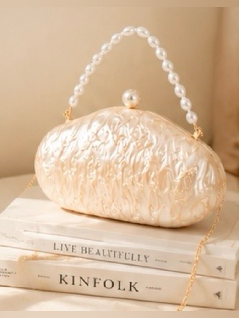 Pearl Acrylic Clutch Bag Bridal Wedding Evening Purse Gold Chain